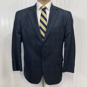 JOSEPH & FEISS Blazer Mens 42 Blue Plaid Windowpane Sport Coat Wool Jacket 42S